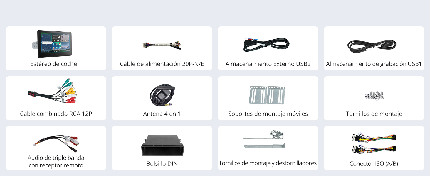 Los íconos y las especificaciones de las funciones del producto muestran diversas capacidades técnicas y opciones de conectividad en un diseño de cuadrícula.