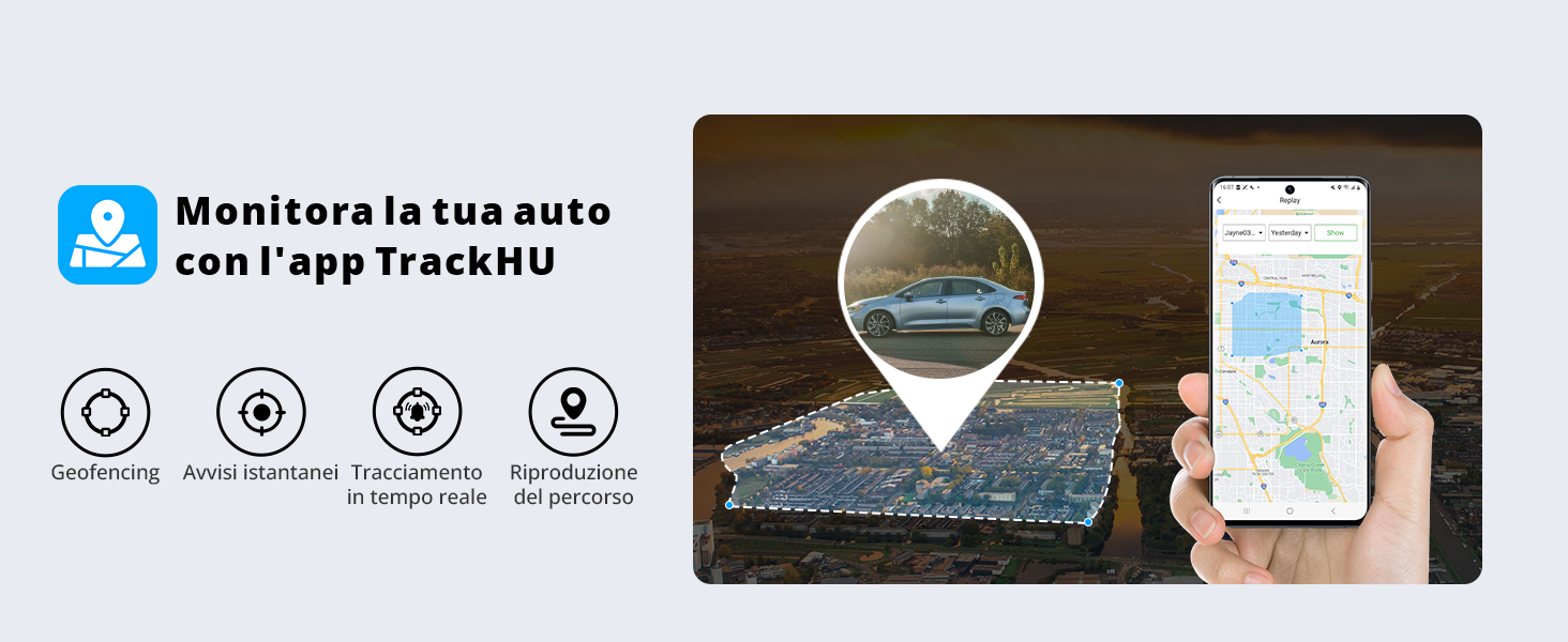 Interfaccia dell'app mobile che mostra la funzionalità di localizzazione dell'auto con visualizzazione della mappa e pin di posizione, che mostra le funzionalità dell'app «TrackHU» per il monitoraggio dei veicoli.