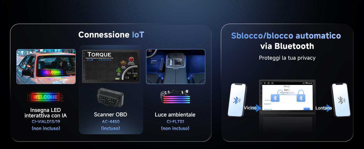 Il testo recita: 'Connessione IoT' e 'Sistema/Physics automatica via bluetooth'. Interfaccia tecnica o display del pannello di controllo a tema scuro.
