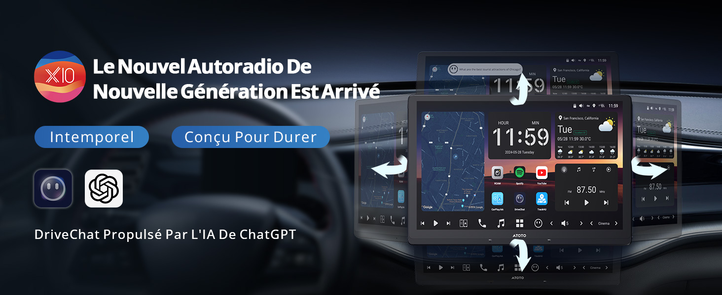 Affichage du tableau de bord de la voiture montrant une interface numérique avec lecture de l'heure « 11:59 » et commandes audio sur le thème sombre.
