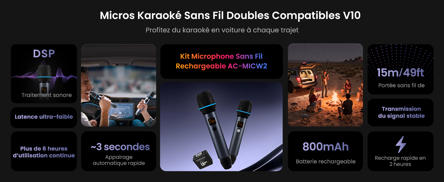 Le texte indique « Micros Karaoké Sans Fil Doubles Compatibles V10 » avec des spécifications techniques indiquant les fonctionnalités du DSP et des icônes de qualité sonore.