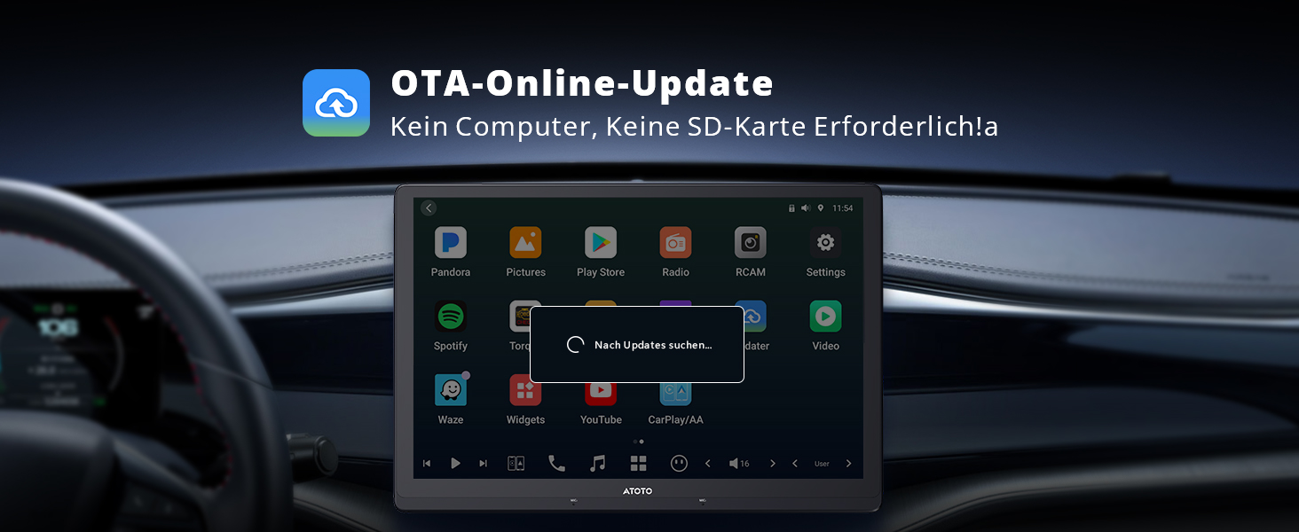 Armaturenbrettdisplay mit „GTA-Online-Update“ – Oberfläche auf einem modernen Infotainment-Bildschirm mit dunklem Hintergrund.