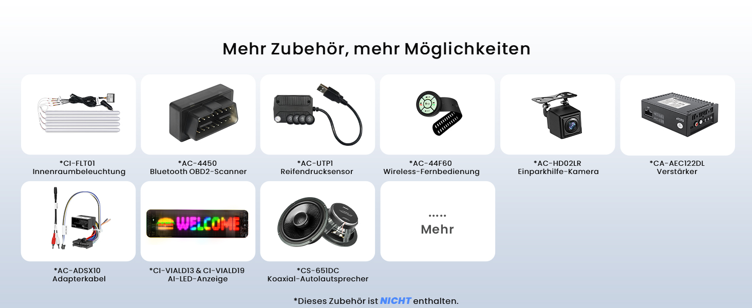 Text: 'Bild 3', 'Mehr Zubehör, mehr Möglichkeiten'. Rasteranzeige verschiedener elektronischer Zubehörteile und Komponenten mit Produktvorschaubildern und technischen Daten.