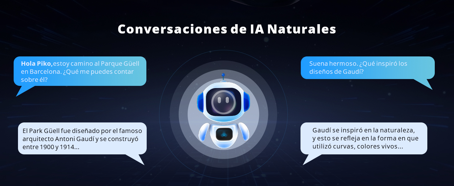Demostración de la interfaz de chat que muestra burbujas de conversación con colores de acento azul sobre un fondo oscuro, con respuestas del asistente de inteligencia artificial.