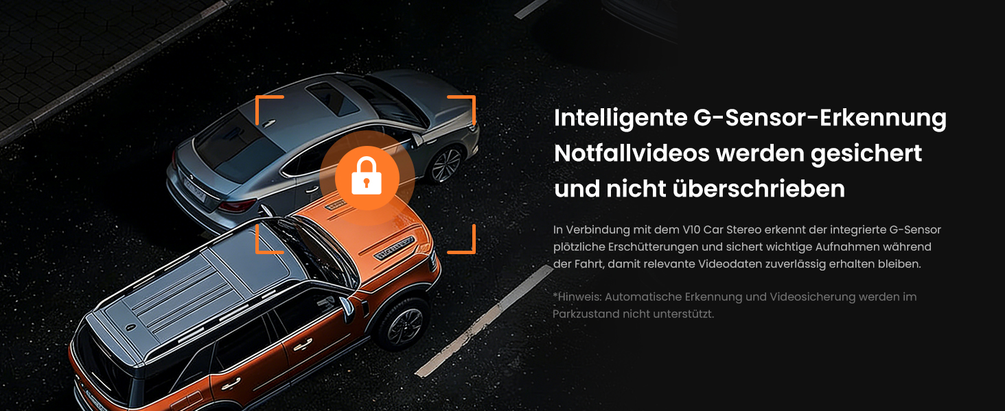 Der Text lautet „Intelligente G-Sensor-Erkennung“ und „Notfallvideos werden gesichert und nicht überschrieben“. Technisches Diagramm, das das Auto mit orangefarbenen Markierungen und Sicherheitssymbolen zeigt.