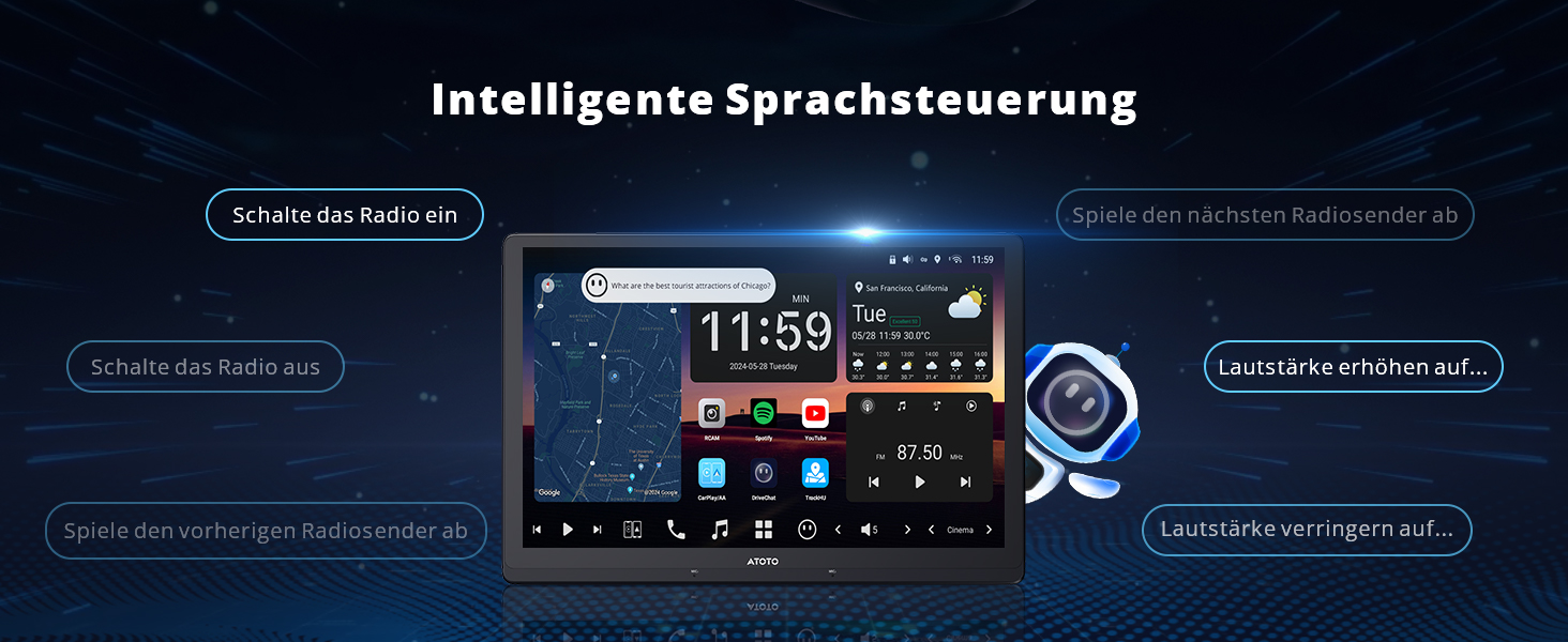 Dunkle Benutzeroberflächenbildschirme, die das System „Intelligente Sprachsteuerung“ mit verschiedenen Menüoptionen und Steuerelementen zeigen