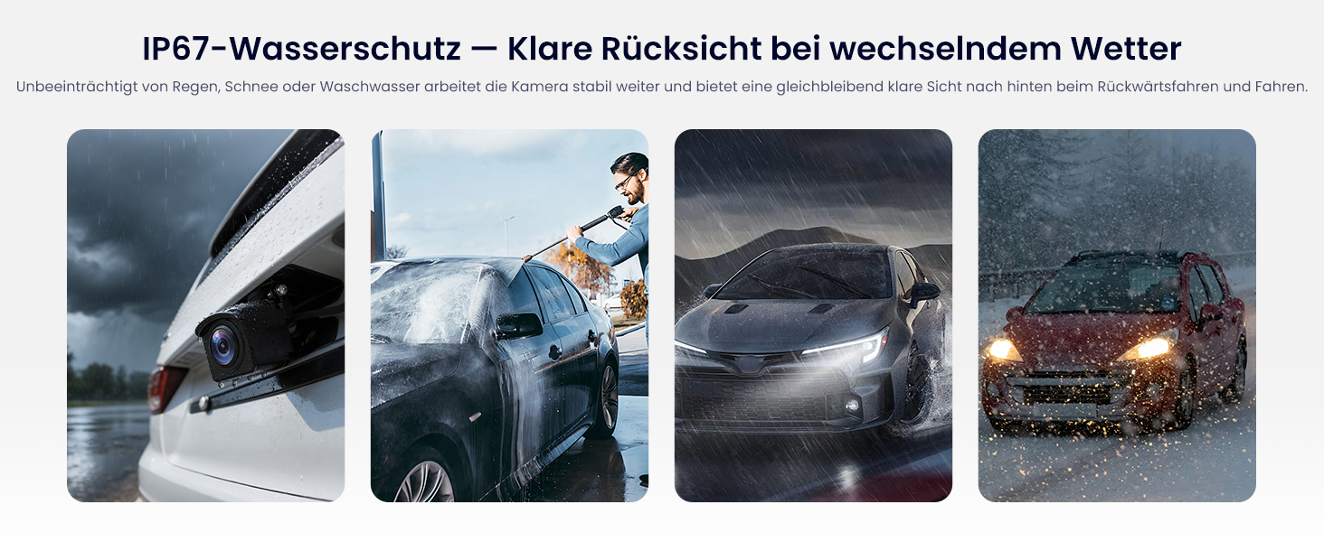 Der Text lautet: 'IP67- Wasserschutz'. Serie von Outdoor-Fotoszenen, die die Gerätenutzung bei verschiedenen Wetterbedingungen wie Regen und Schnee zeigen.