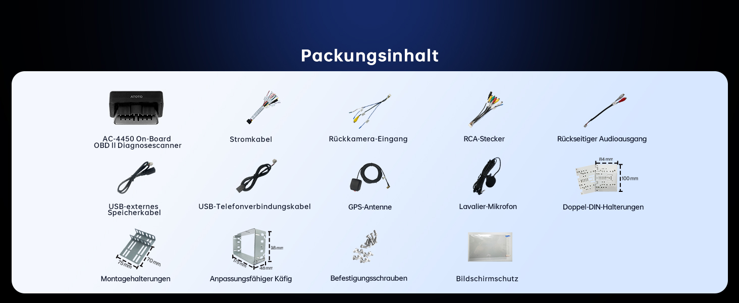 Der Text lautet „Packungsinhalt“. Das Diagramm zum Lieferumfang zeigt verschiedene Werkzeuge und Zubehörteile mit Symbolen, darunter Schraubendreher, Stecker und andere Wartungskomponenten, die in einem Rasterformat angeordnet sind.