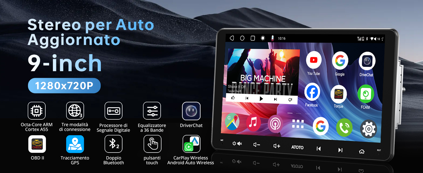 Display stereo per auto da 9 pollici con risoluzione 1280x720P. Il touchscreen mostra varie icone delle app. Le caratteristiche del prodotto includono Bluetooth, navigazione GPS e connettività USB