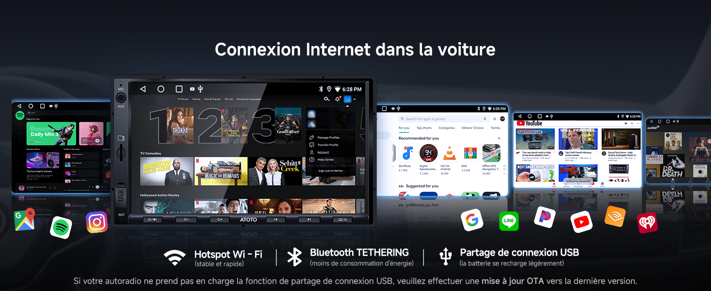 Le texte se lit comme suit : « Connexion internet dans la voix ». Capture d'écran de l'interface du système de divertissement automobile montrant plusieurs applications et options de connectivité.