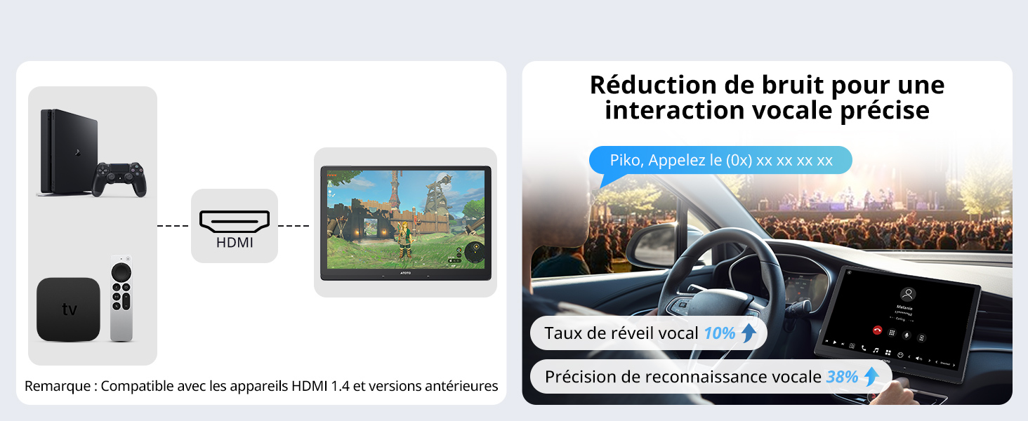 Schéma du produit montrant la configuration du système audio avec haut-parleurs et connexions de l'appareil, y compris le texte en français sur la réduction du bruit.