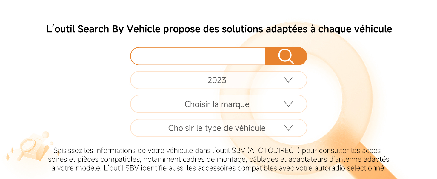 Le texte en français se lit comme suit : « L'Self Search By Vehicle propose ces solutions adaptées à chaque véhicule ». Capture d'écran d'une interface de recherche de véhicules avec menus déroulants.