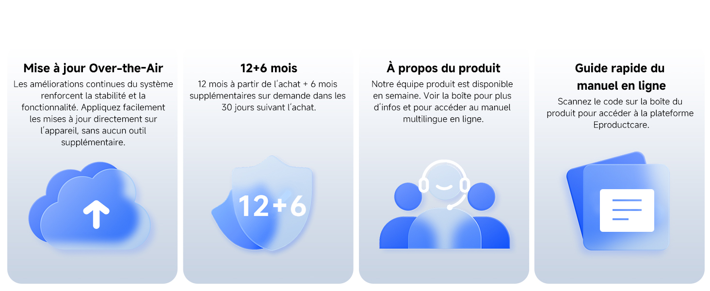 Quatre panneaux d'interface bleus affichant l'icône de téléchargement dans le cloud, la lecture de la température « 12° », les icônes utilisateur et l'icône du document avec du texte français décrivant les fonctionnalités de stockage dans le cloud.