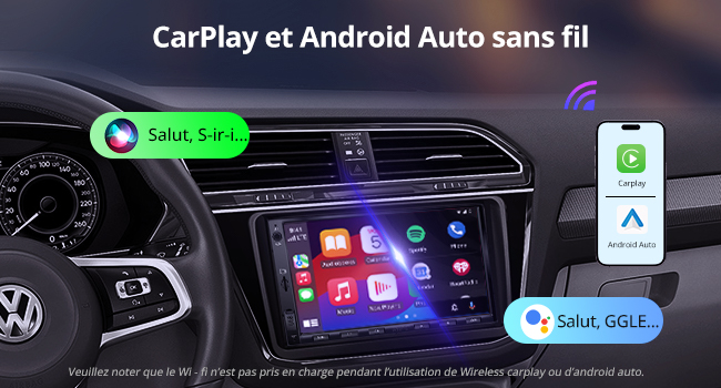 avec système d'infodivertissement affichant des icônes d'applications colorées. Volant avec logo Volkswagen visible. Le texte indique la compatibilité sans fil avec CarPlay et Android Auto