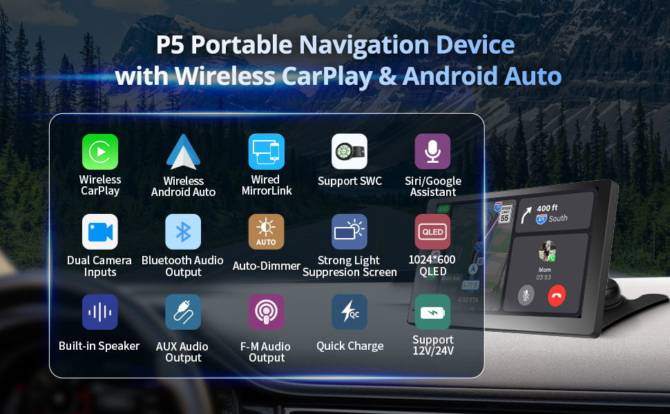 P5 Portable Navigation Device with Wireless CarPlay &amp;amp; Android Auto