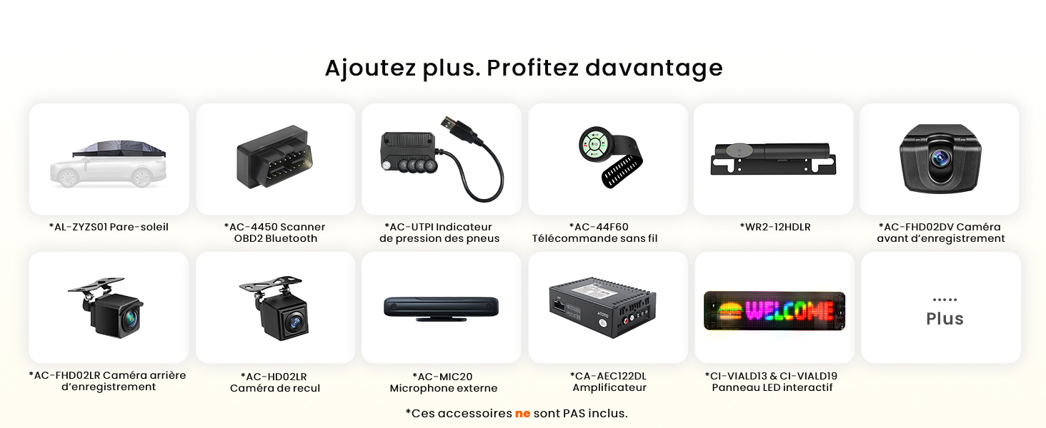 Le texte se lit comme suit : « Ajoutez plus Profitez davantage ». Icônes noires montrant les spécifications techniques et les caractéristiques des appareils électroniques, disposées horizontalement.