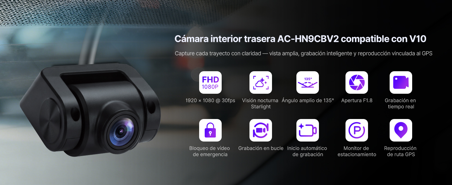 El texto dice «Cámara interior trasera AC-V6R250/V composite car V10». La cámara negra del salpicadero del coche con lente azul se muestra junto al menú de iconos que muestra varias funciones de grabación.