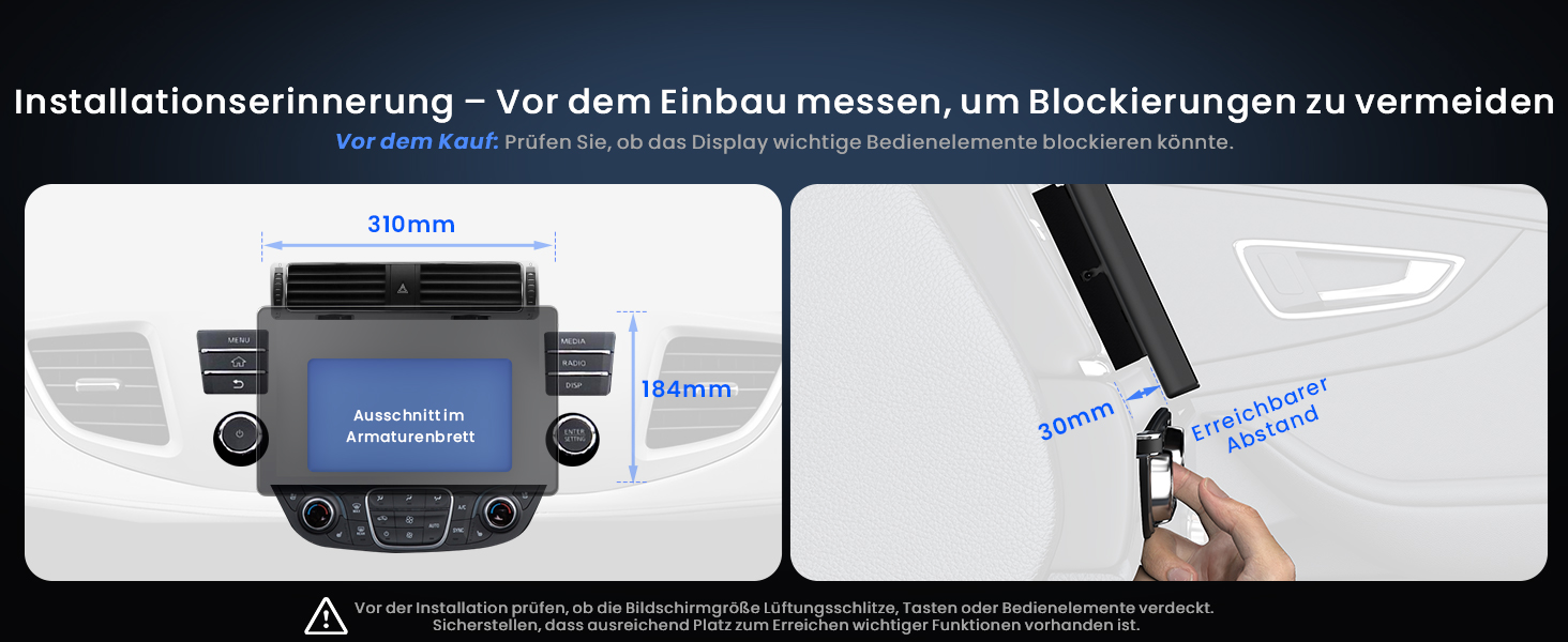 Der Text lautet „Installationsanweisung - Vor dem Einbau messen, um Blockierungen zu vermeiden“. Technisches Installationsdiagramm mit Messanweisungen für die Geräteinstallation.