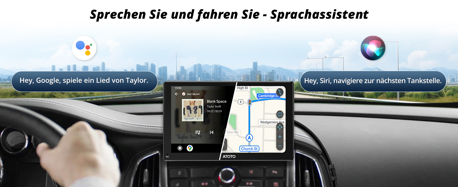 Armaturenbrett mit Navigationsdisplay und Lenkrad. Der Text lautet „Sprechen Sie und fahren Sie - Sprachassistent“