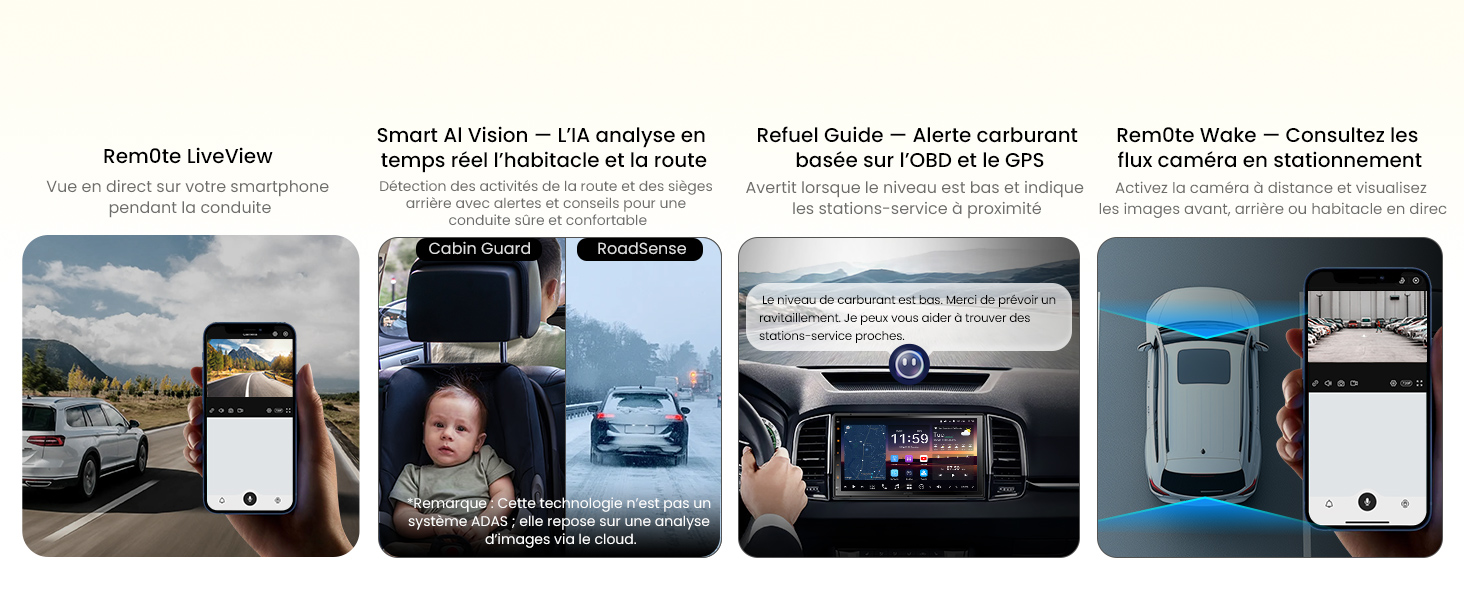 Série de captures d'écran de l'interface des applications mobiles montrant différents écrans et fonctionnalités, avec des superpositions de texte expliquant les fonctionnalités et les interactions des utilisateurs.