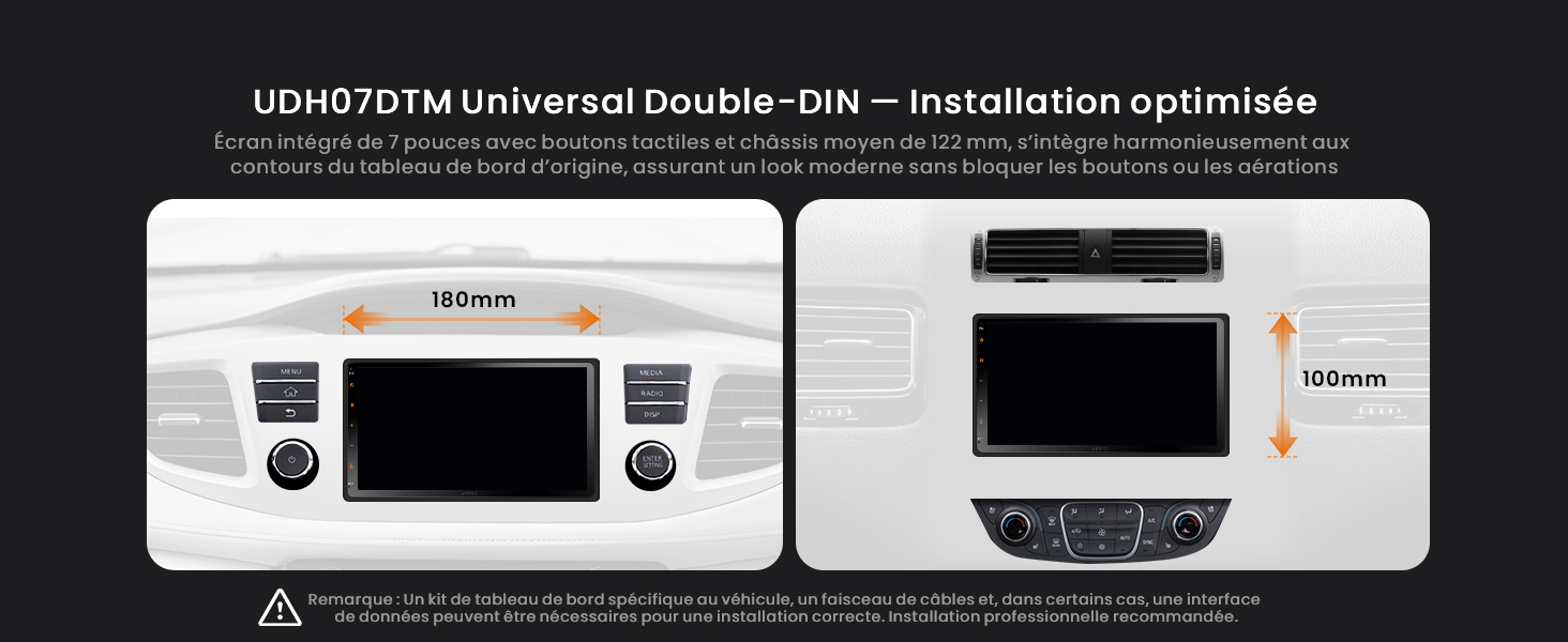 Le texte indique « LDUN70TM/Universal Double-DIN - Installation optimisée ». Guide d'installation de l'autoradio montrant le processus de montage de l'unité double DIN blanche.