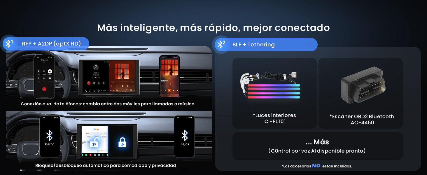 El texto dice «Más inteligente, más rápido, mejor conectado». La interfaz del salpicadero del automóvil muestra las pantallas digitales, el sistema multimedia y las opciones de conectividad con secciones de menú resaltadas en azul.
