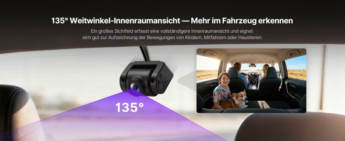 Der Text lautet „135° Weitwinkel-Innenraumansicht — Mehr im Fahrzeug erkennen“. Vorführung einer Armaturenbrettkamera mit 135-Grad-Weitwinkelansicht, die den Fahrzeuginnenraum und einen violetten Lichtstrahl zeigt, der den Betrachtungswinkel anzeigt.