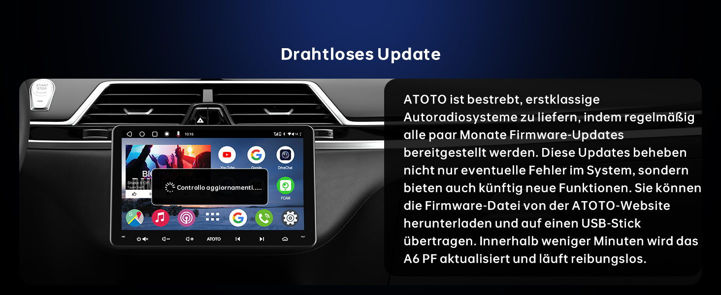 Der Text lautet „Drahtloses Update“. Zeigt die Benutzeroberfläche des Armaturenbretts an und zeigt Funktionen zur drahtlosen Aktualisierung mit App-Symbolen und Fortschrittsanzeigen an.