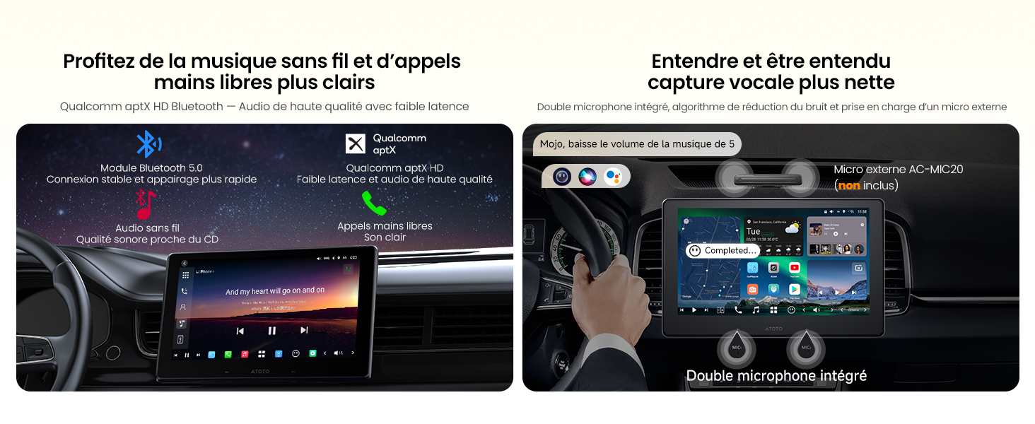 Série de captures d'écran de l'interface montrant les commandes du système audio avec écrans éclairés et les commandes tactiles sur le thème sombre avec un éclairage d'accentuation bleu.
