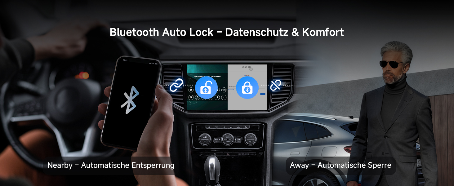 Der Text lautet: 'Bluetooth Auto Lock - Datenschutz & Komfort'. Armaturenbrett-Oberfläche mit verschiedenen Symbolen und Bedienelementen für Bluetooth-Konnektivitätsfunktionen.