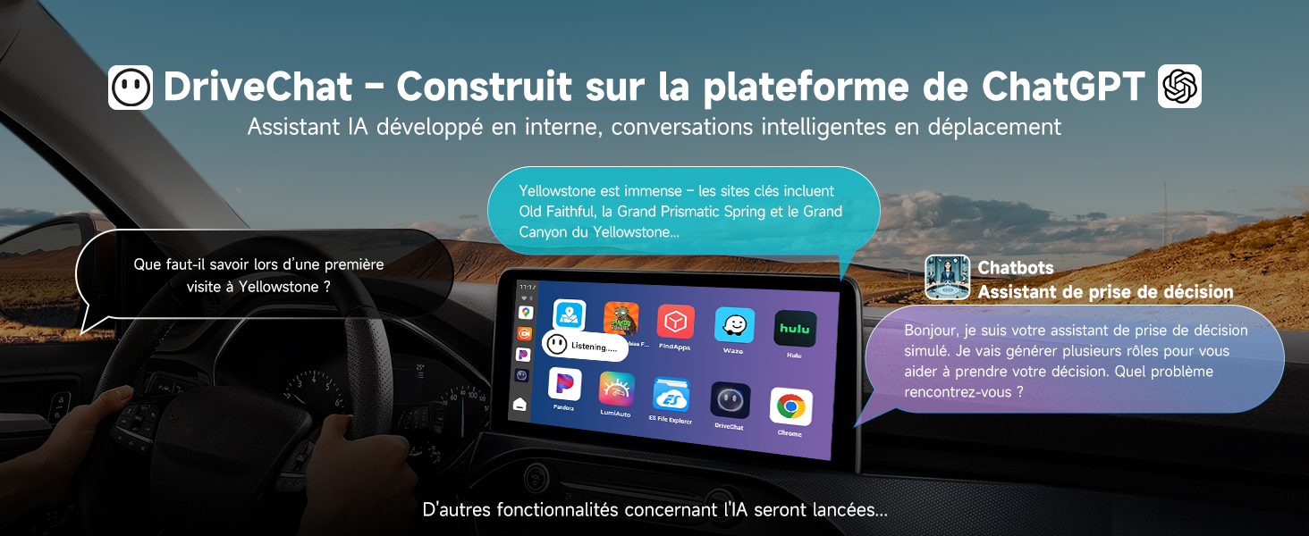 Le texte se lit comme suit : « DriveChat - Construit sur la plateforme de ChatGPT ». Capture d'écran de l'interface de discussion montrant la disposition de la conversation et les options de menu.