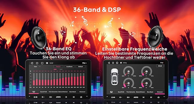 Der Text lautet: „36-Band & DSP“ -Audio-Equalizer-Interface, das Frequenzbänder vor dem Hintergrund der Silhouette des Konzertpublikums mit orangefarbener Sonnenuntergangsbeleuchtung anzeigt.