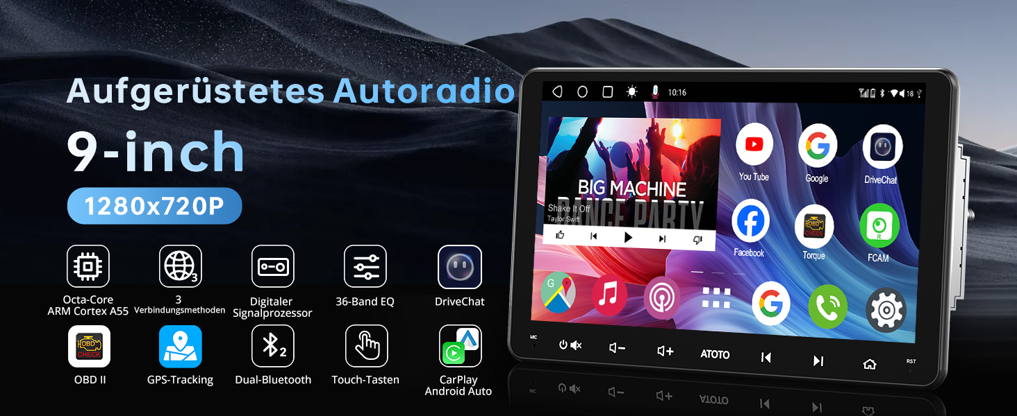 Der Text lautet: 'Aufgerüstetes Autoradio', '9 Zoll', '18.04.2019'. Benutzeroberfläche des Autounterhaltungssystems mit App-Symbolen und digitalem Display.