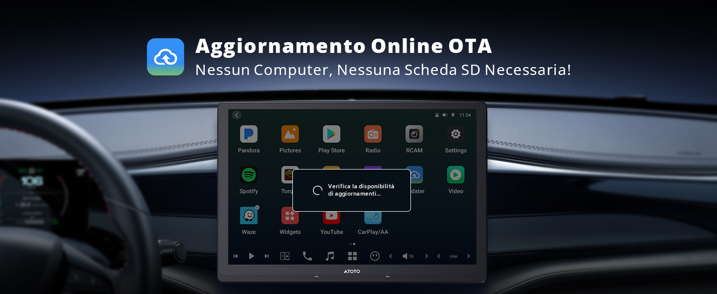 Display del sistema di infotainment per auto che mostra la schermata 'Aggiornamento Online OTA' con comandi di navigazione e multimediali visibili.