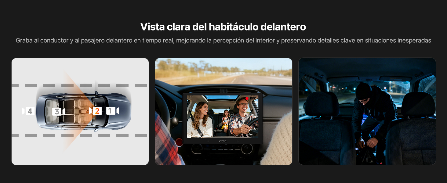 Vista clara del habitáculo delantero. Varias pantallas muestran una interfaz o una vista de tablero con varios paneles y pantallas.