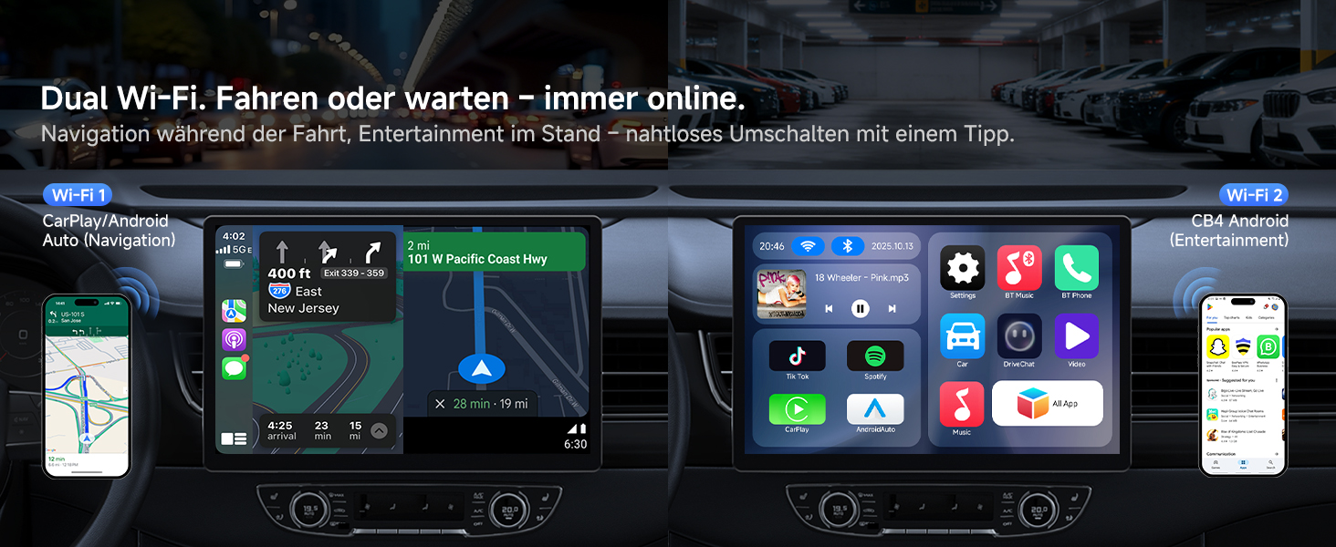 Der Text lautet „Duales WLAN: Fahren oder warten - immer online.“ Das Armaturenbrett des Autos zeigt mehrere App-Benutzeroberflächen und Navigationsbildschirme mit digitaler Steuerung.