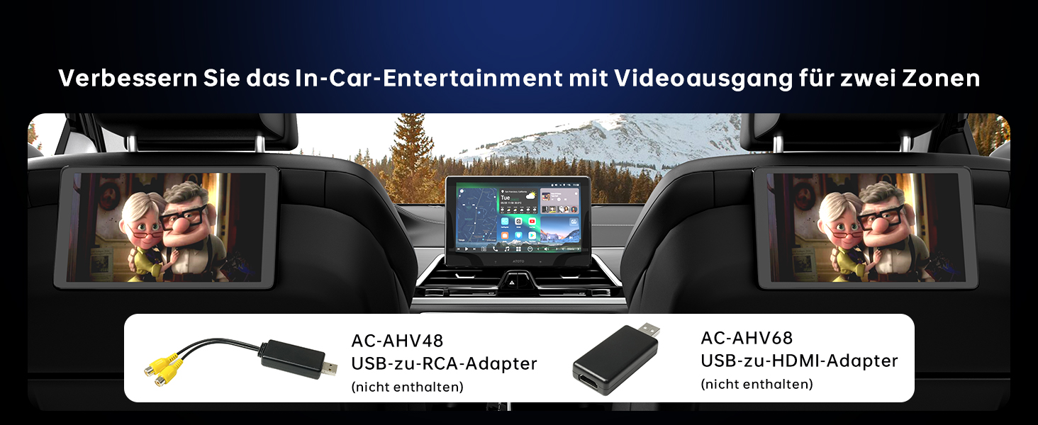 Der Text lautet „Ververbessern Sie das In-Car-Entertainment mit Videoausgang für zwei Zonen“, „AC-AHV4B USB-auf-RCA-Adapter“, „AC-AHV4A USB-auf-HDMI-Adapter“. Fahrzeuginnenraum mit zwei Bildschirmen auf den Rücksitzen und einem Display in der Mittelkonsole mit Adapteranschlüssen.