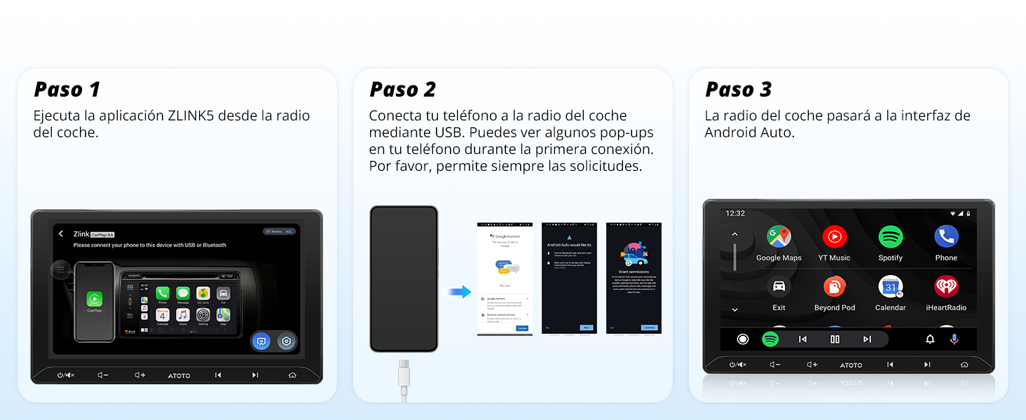 Tres capturas de pantalla de la interfaz del teléfono inteligente que muestran las opciones de control y conectividad del sistema de entretenimiento del automóvil.