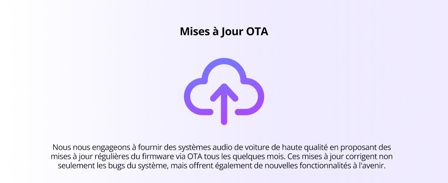 Icône de nuage violet avec flèche vers le haut. Texte français ci-dessus et ci-dessous, mentionnant les mises à jour de l'OTA et les améliorations du système audio de voiture.