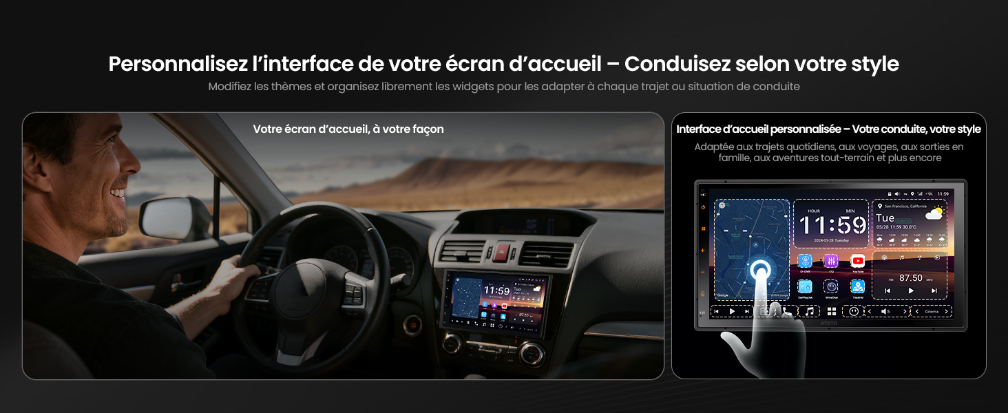 Série de photos sombres de l'intérieur d'une automobile montrant des écrans de tableau de bord et des interfaces de commande la nuit, mettant en évidence la fonctionnalité de l'écran numérique.
