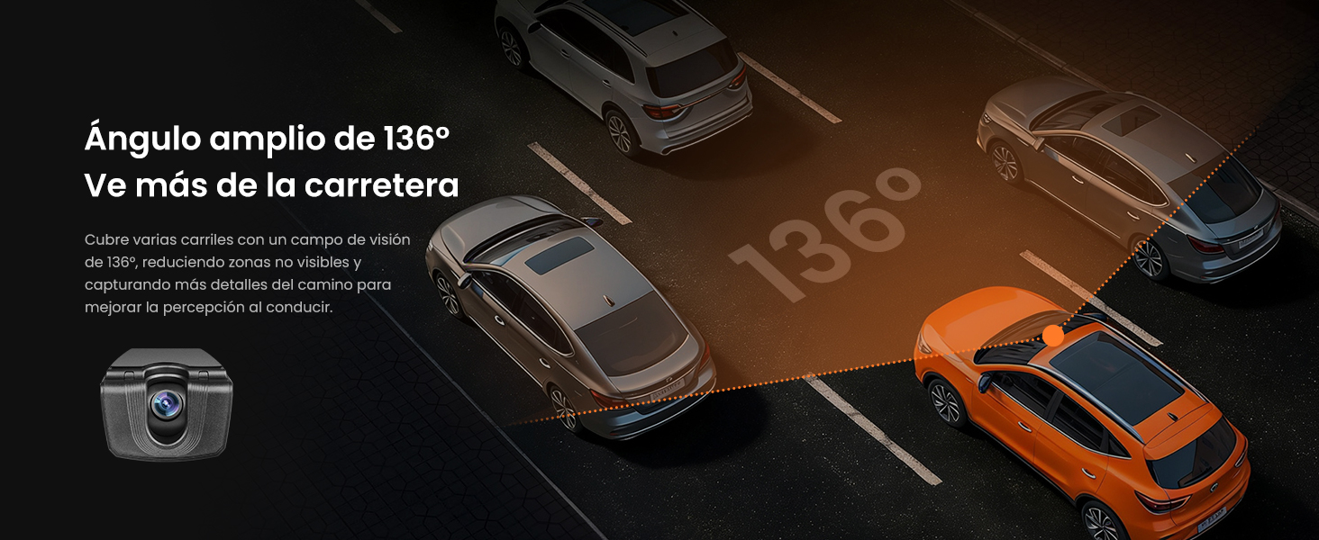 El texto dice «Ângulo simples de 136°». Diagrama técnico que muestra la medición del ángulo del dispositivo con resaltado en naranja y elementos de interfaz digital.