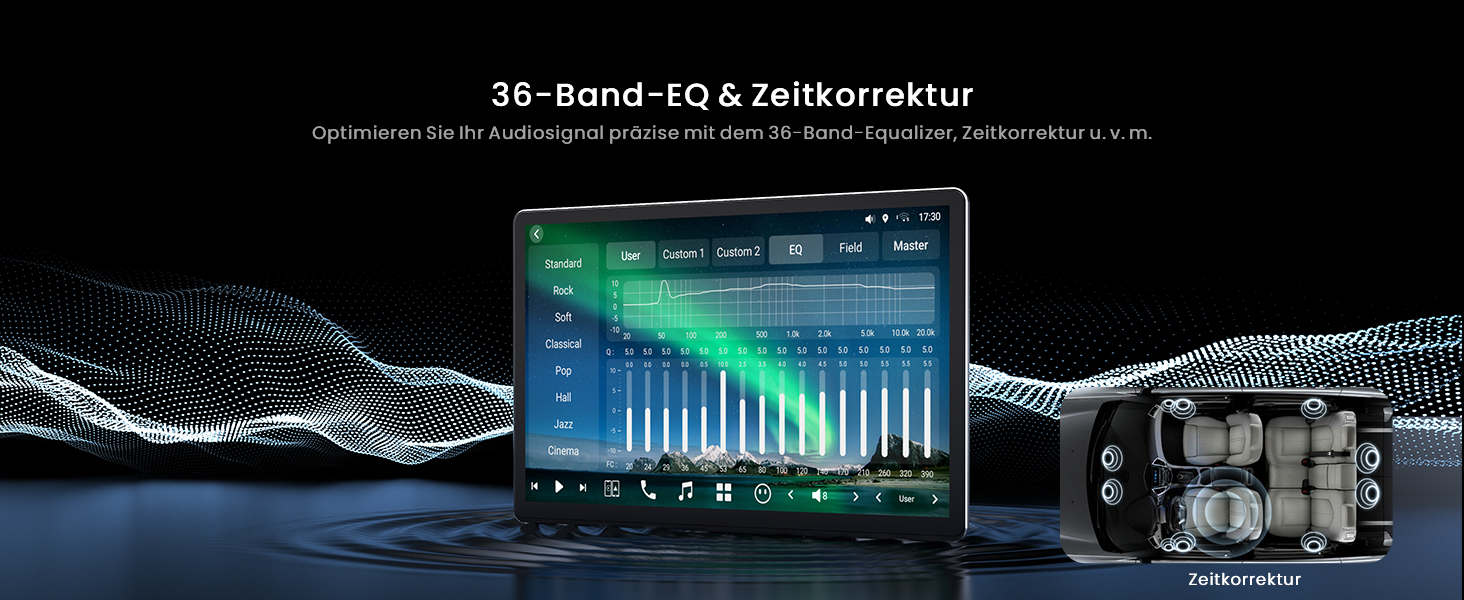 Der Text lautet '30-Band-EQ & Parametereq'. Das Display der digitalen Equalizer-Schnittstelle zeigt blaue Frequenzbalken auf schwarzem Hintergrund mit Wasserspritzereffekten.