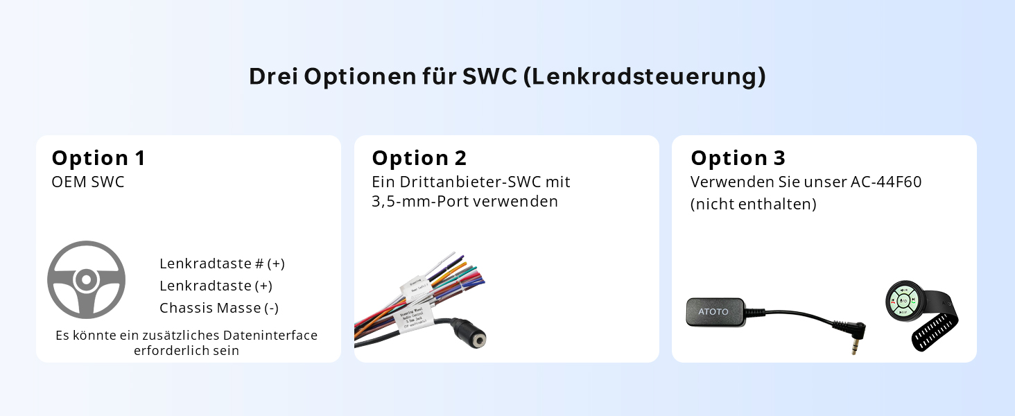 Der Text lautet „Drei Optionen für SWC (Lenkradfernsteuerung)“ und zeigt drei verschiedene Lenkradsteuerungsadapteroptionen mit technischen Spezifikationen.