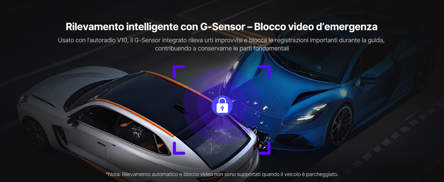 Il testo dice 'Rilevamento intelligente con G-Sensor - Blocco video d'emergenza'. Visualizzazione del sistema di sicurezza del veicolo con effetti di luce blu e indicatori di rilevamento di emergenza.