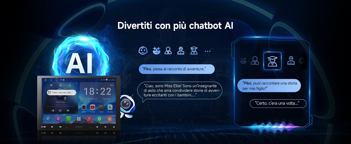Il testo dice «Divertiti con più chatbot AI». Banner futuristico con interfaccia digitale con icona AI blu incandescente ed elementi di design a tema tecnologico.