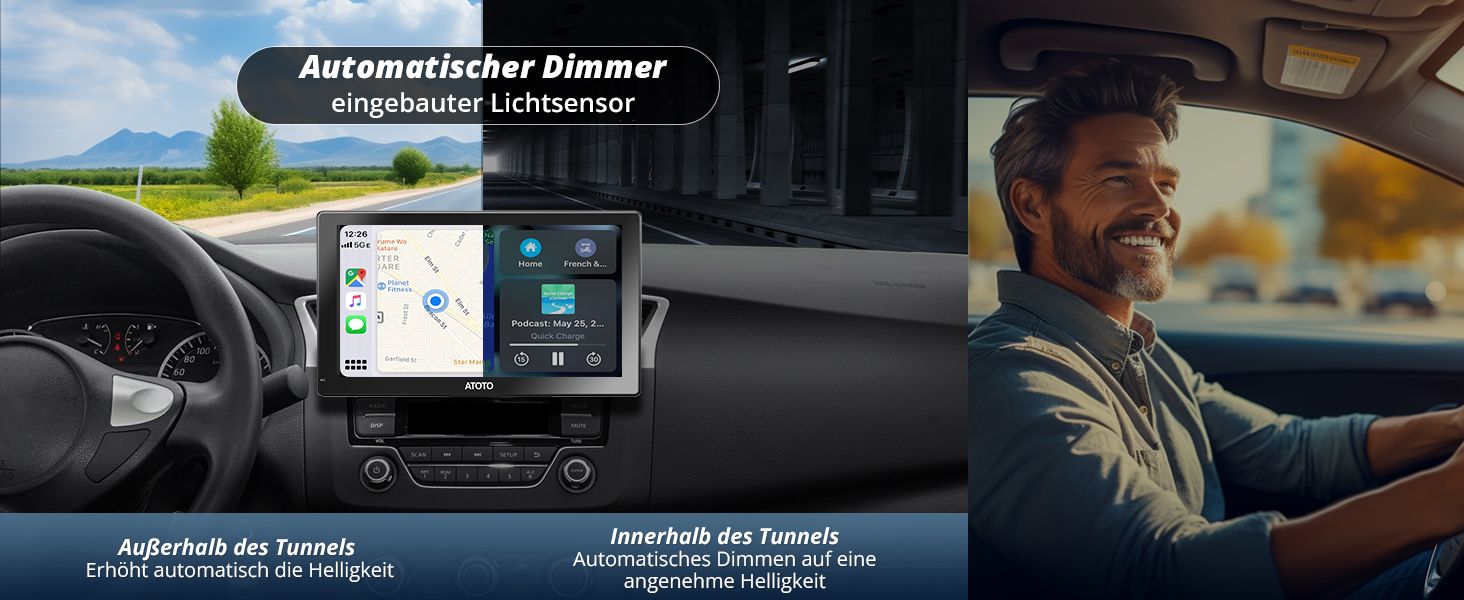 Fahrzeuginnenraum mit Armaturenbrett und großem Touchscreen-Display. Der Text erwähnt den automatischen Dimmer für blendfreies Fahren. Der Fahrer ist in der Seitenansicht sichtbar