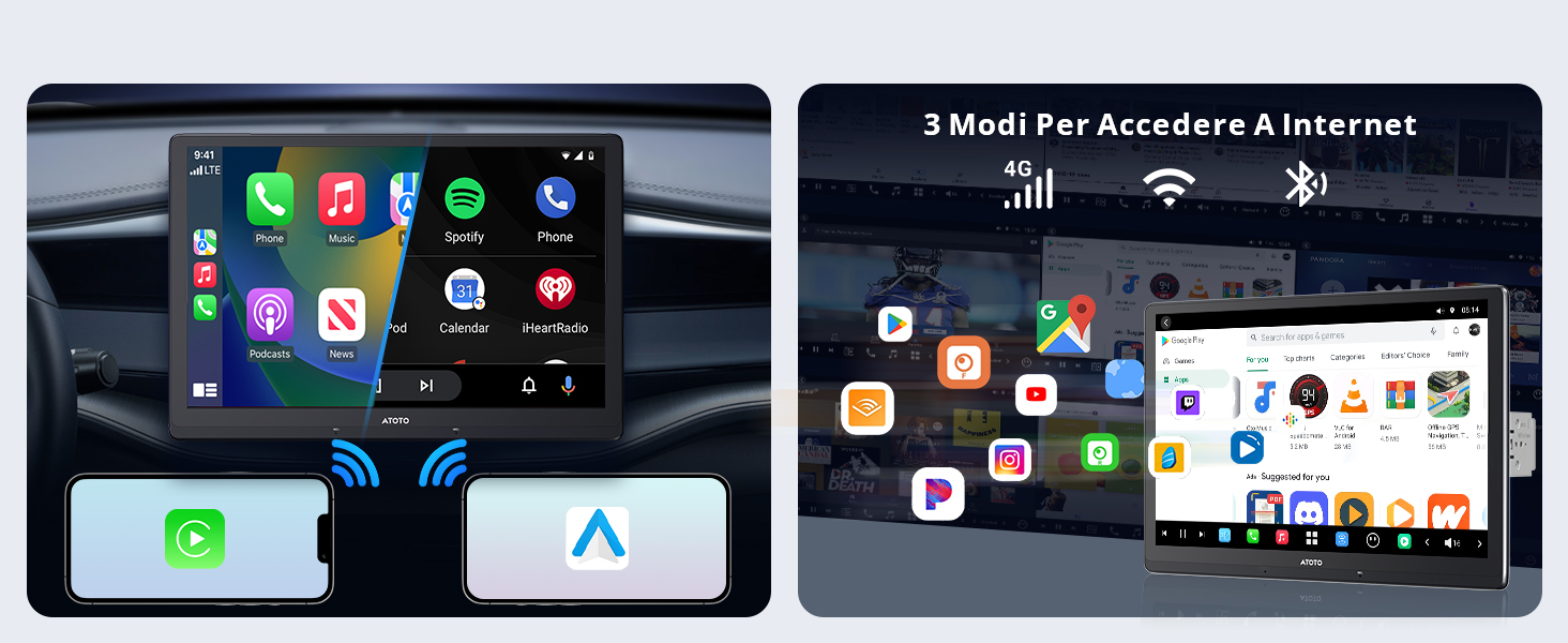 Interfaccia del sistema di intrattenimento per auto che mostra le icone delle app e il menu di navigazione su due schermi