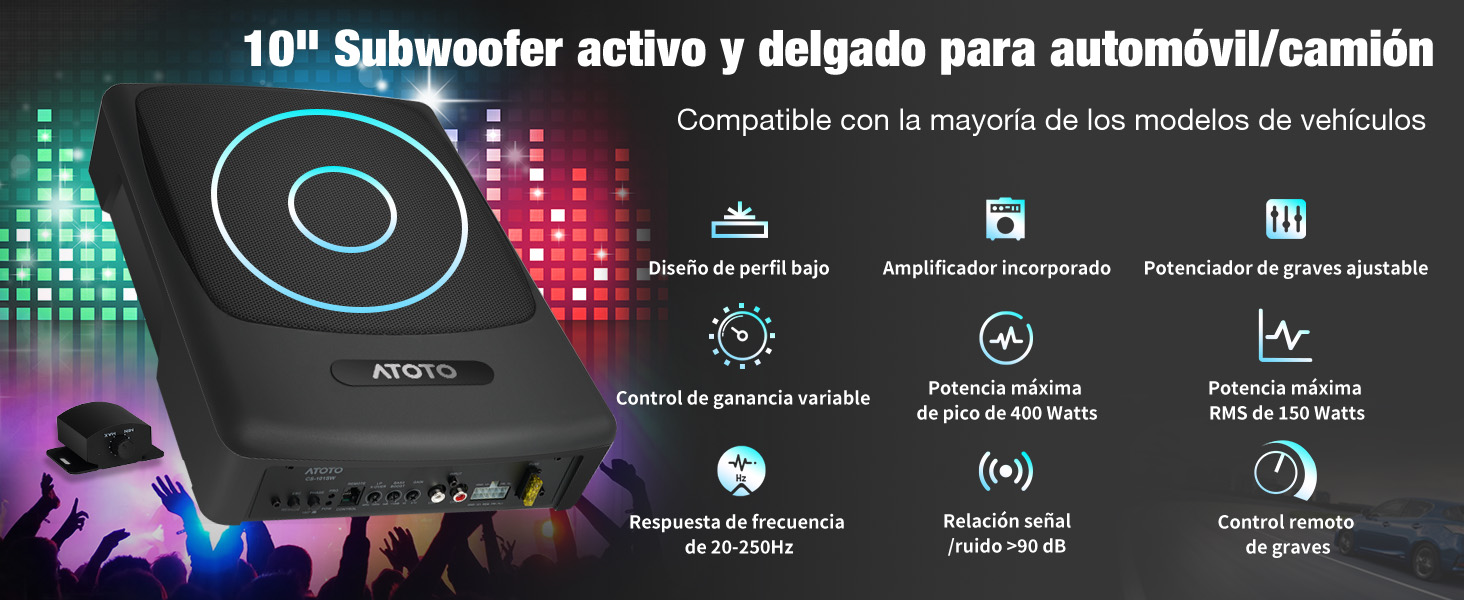 ATOTO CS-101SW Subwoofer activo delgado de 10" con amplificador incorporado