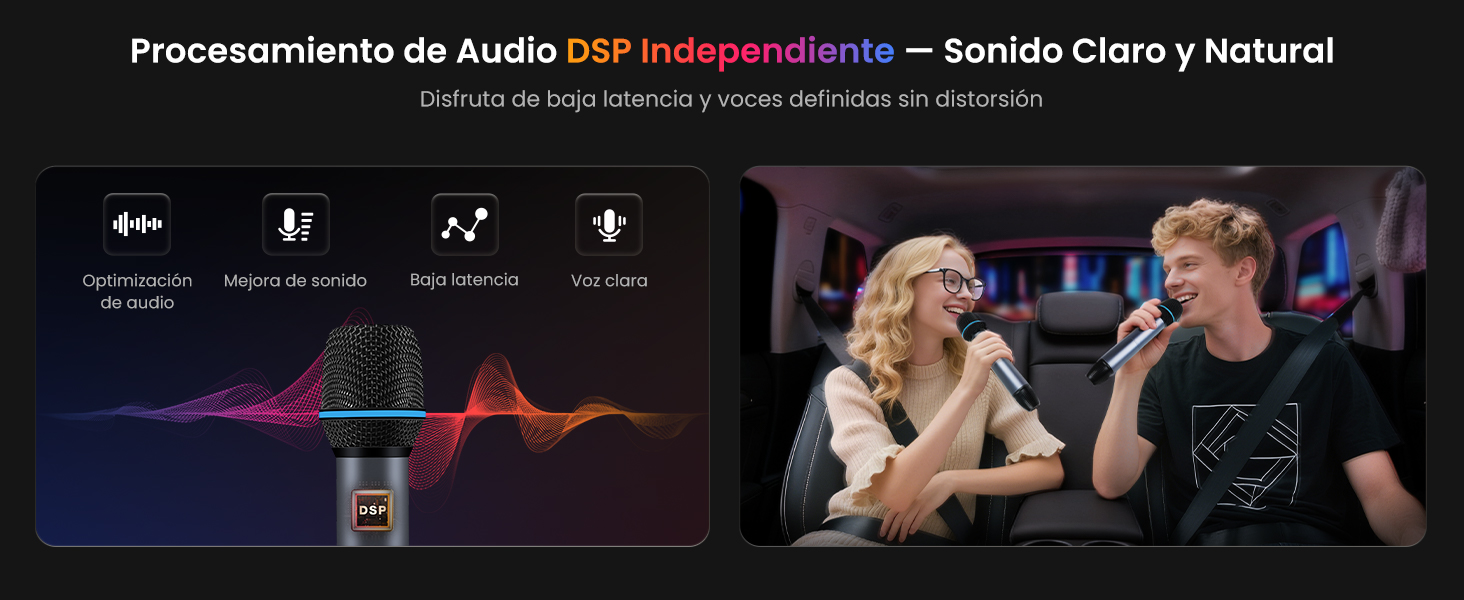El texto dice «Procesamiento de Audio DSP Independiente = Sonido Claro y Natural». Pantalla de interfaz de procesamiento de audio con múltiples paneles de control.