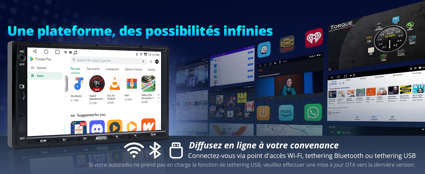 Interface numérique ou affichage de la plate-forme affichant diverses icônes et symboles de connectivité sans fil sur fond sombre.